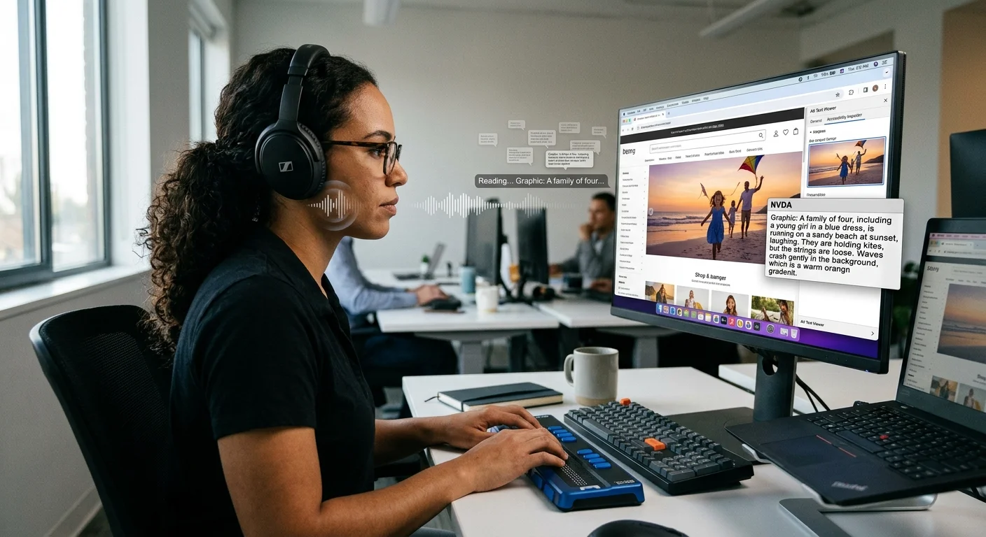 Developer wearing headphones testing image alt text with a screen reader on a laptop